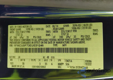 2014 Ford Escape S из США, поврежденный, VIN 1FMCU0F73EUE51246